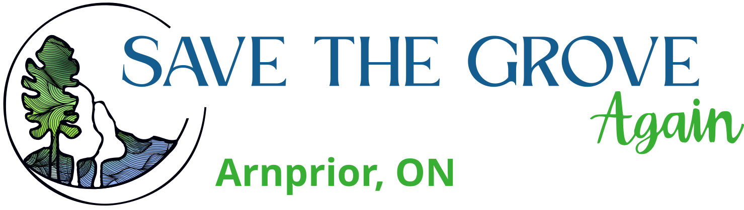 Logo with text - Save the Grove Again, followed by the text - Arnprior, Ontario