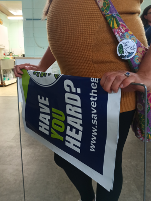 Expectant mother, wearing STGA button, and holding STGA lawn sign