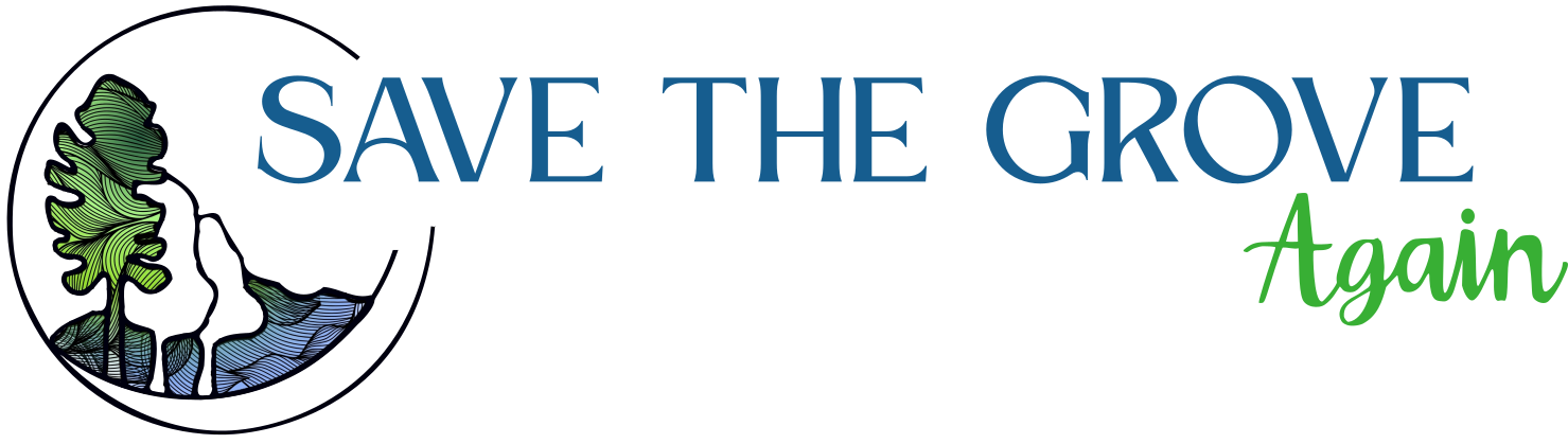 Logo - Trees and water inside a circle, with text: Save the Grove Again